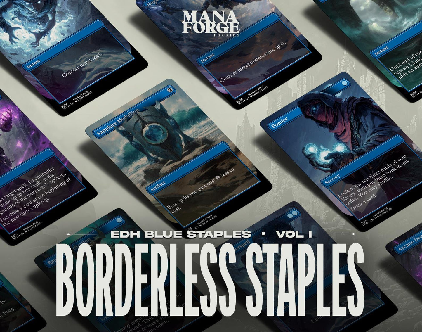 EDH Blue Staples Proxy Set Vol. 1 | Borderless Full Art MTG Commander Essentials (Counterspell, Rhystic Study, Ponder & More)