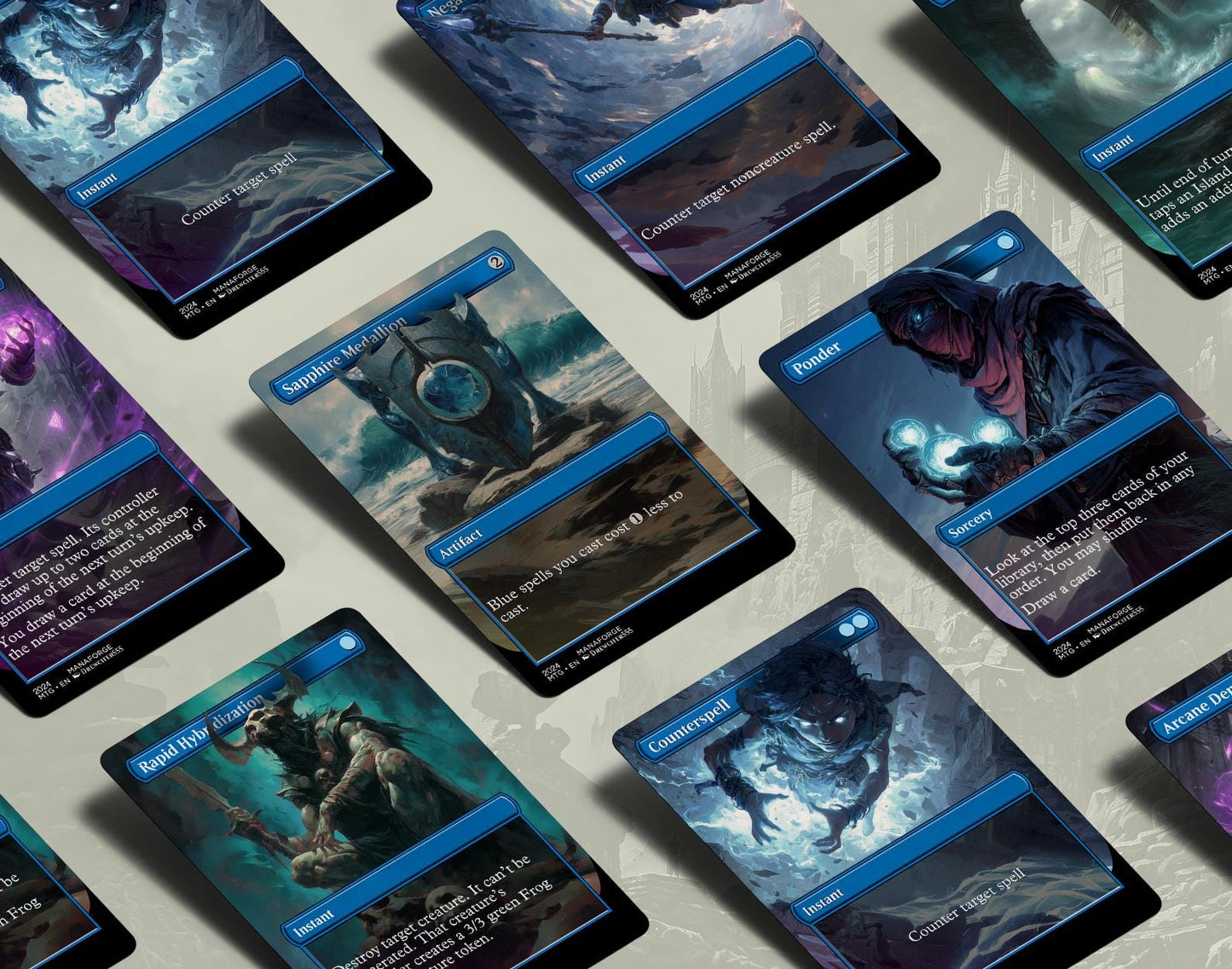 EDH Blue Staples Proxy Set Vol. 1 | Borderless Full Art MTG Commander Essentials (Counterspell, Rhystic Study, Ponder & More)
