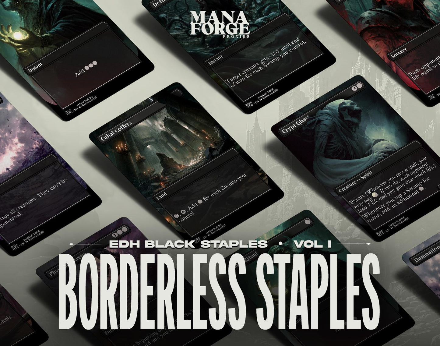 EDH Black Staples Proxy Set Vol. 1 | Borderless Full Art MTG Commander Essentials (Cabal Coffers, Damnation, Exsanguinate & More)