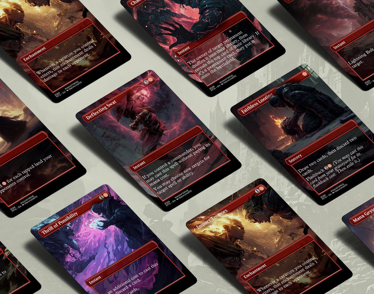 EDH Red Staples Proxy Set Vol. 1 | Borderless Full Art MTG Commander Essentials (Deflecting Swat, Chaos Warp, Lightning Bolt & More)