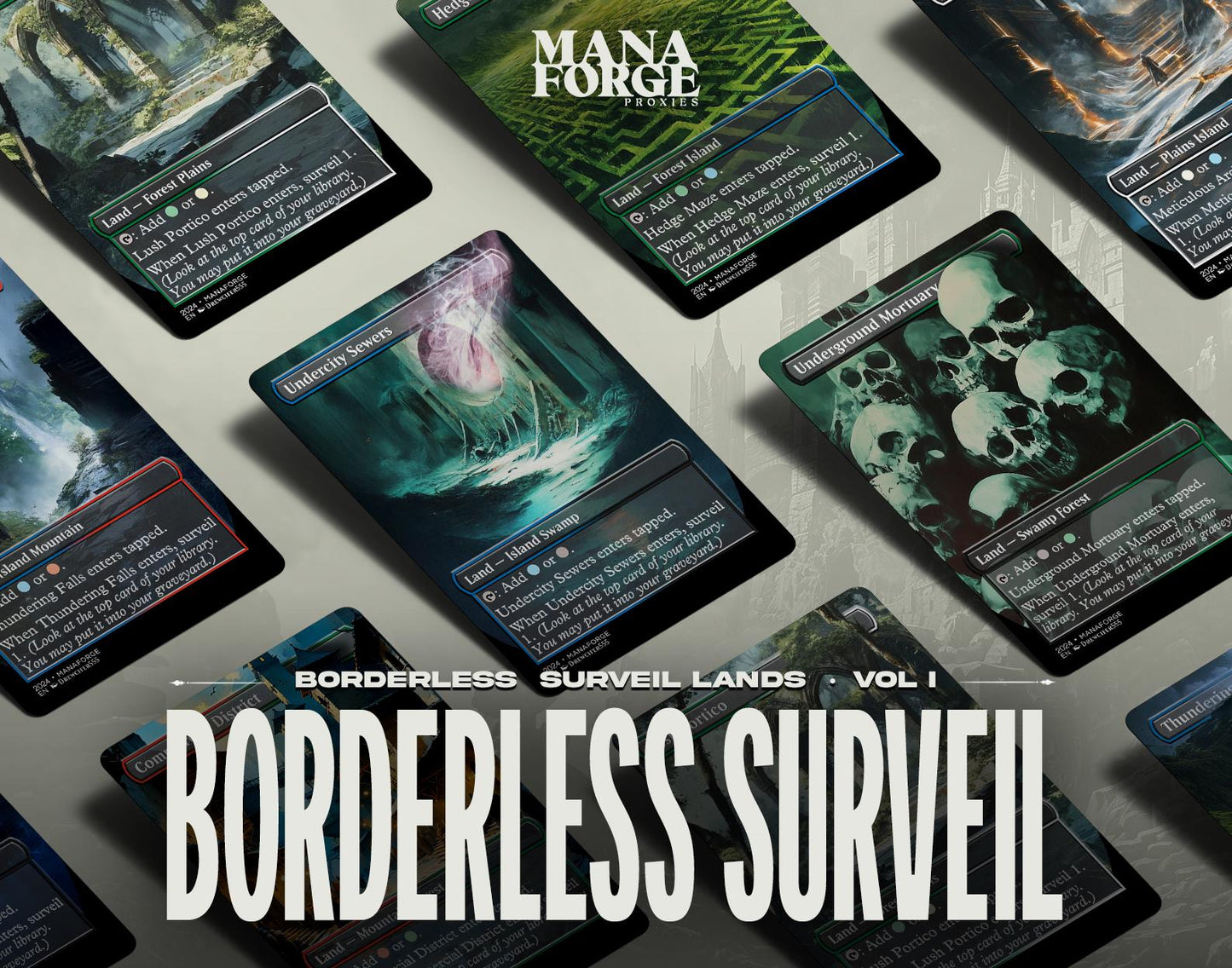 Borderless Surveil Lands – Volume I | 10-Card Full-Art MTG Proxy Bundle – Commander Duals for Surveil and Control