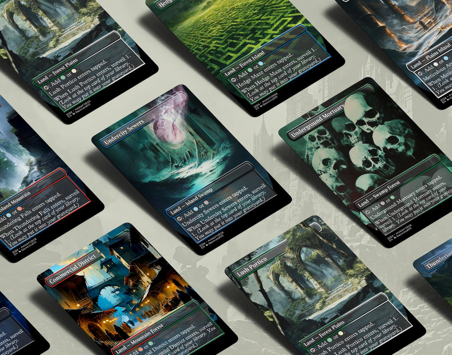 Borderless Surveil Lands – Volume I | 10-Card Full-Art MTG Proxy Bundle – Commander Duals for Surveil and Control