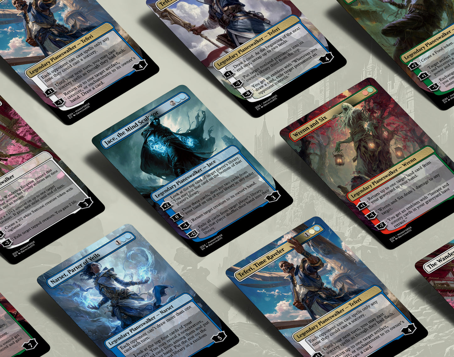 Borderless Planeswalkers Vol I proxy cards spread on tabletop