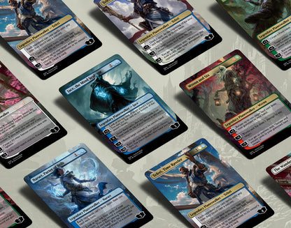 Borderless Planeswalkers Vol I proxy cards spread on tabletop