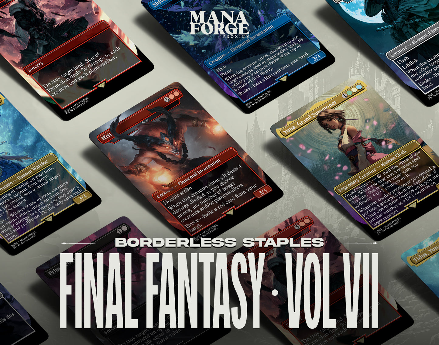 Final Fantasy Vol VII borderless proxy cards spread on tabletop