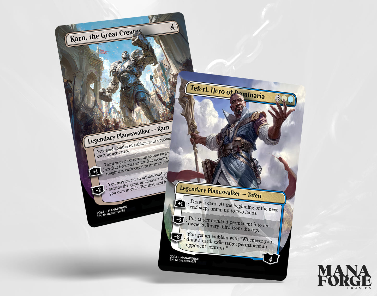 Karn and Teferi borderless planeswalker proxy card preview