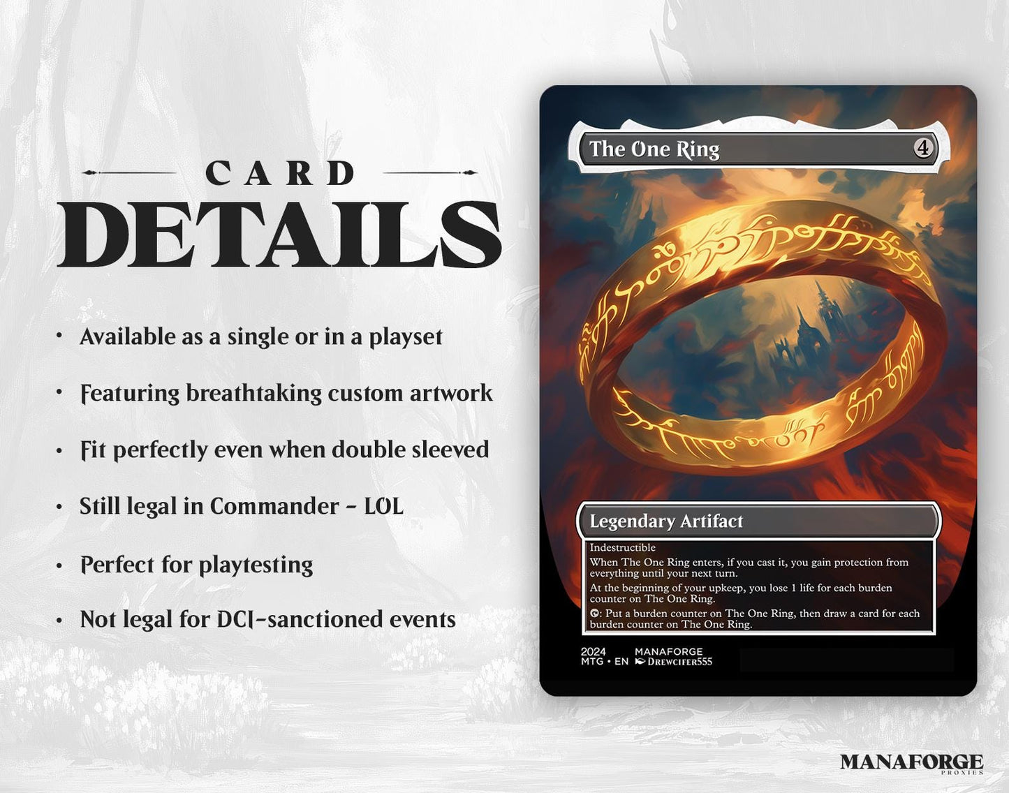 The One (Banned) Ring Proxy – Borderless Custom Art MTG Card | Singles or Playset for Commander