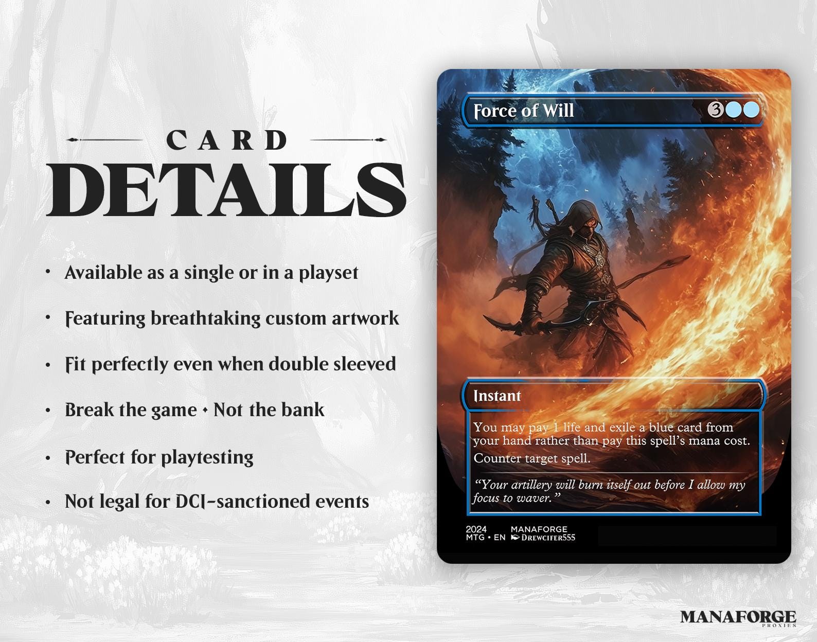 Force of Will Proxy – Borderless Custom Art MTG Card | Singles or Playset for Commander