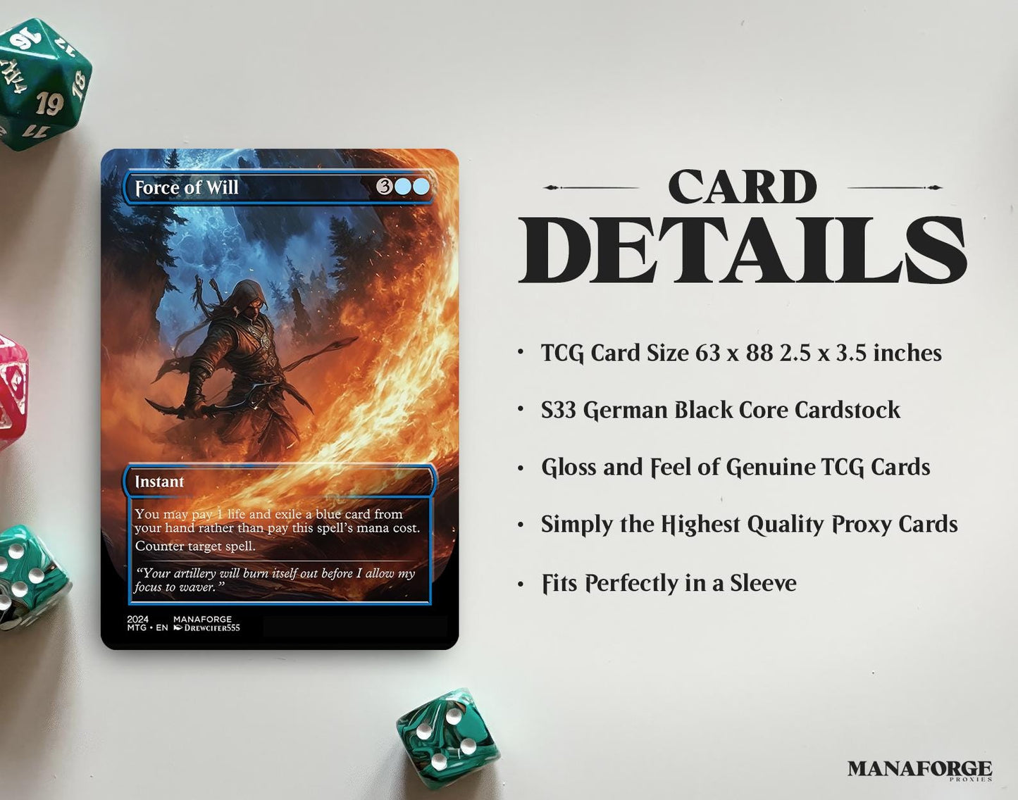 Force of Will Proxy – Borderless Custom Art MTG Card | Singles or Playset for Commander