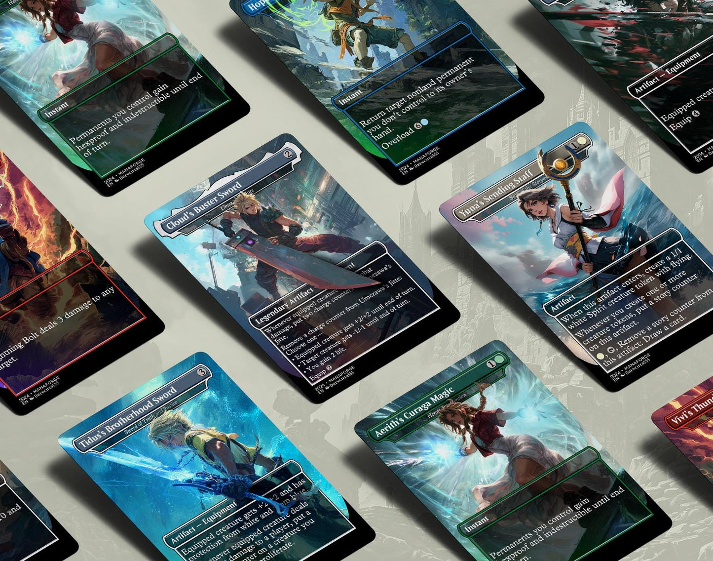 Final Fantasy Borderless Staples – Volume VI | Foil & Non-Foil Full-Art MTG Proxy Set – Aerith Curaga, Cloud’s Buster Sword, Brotherhood