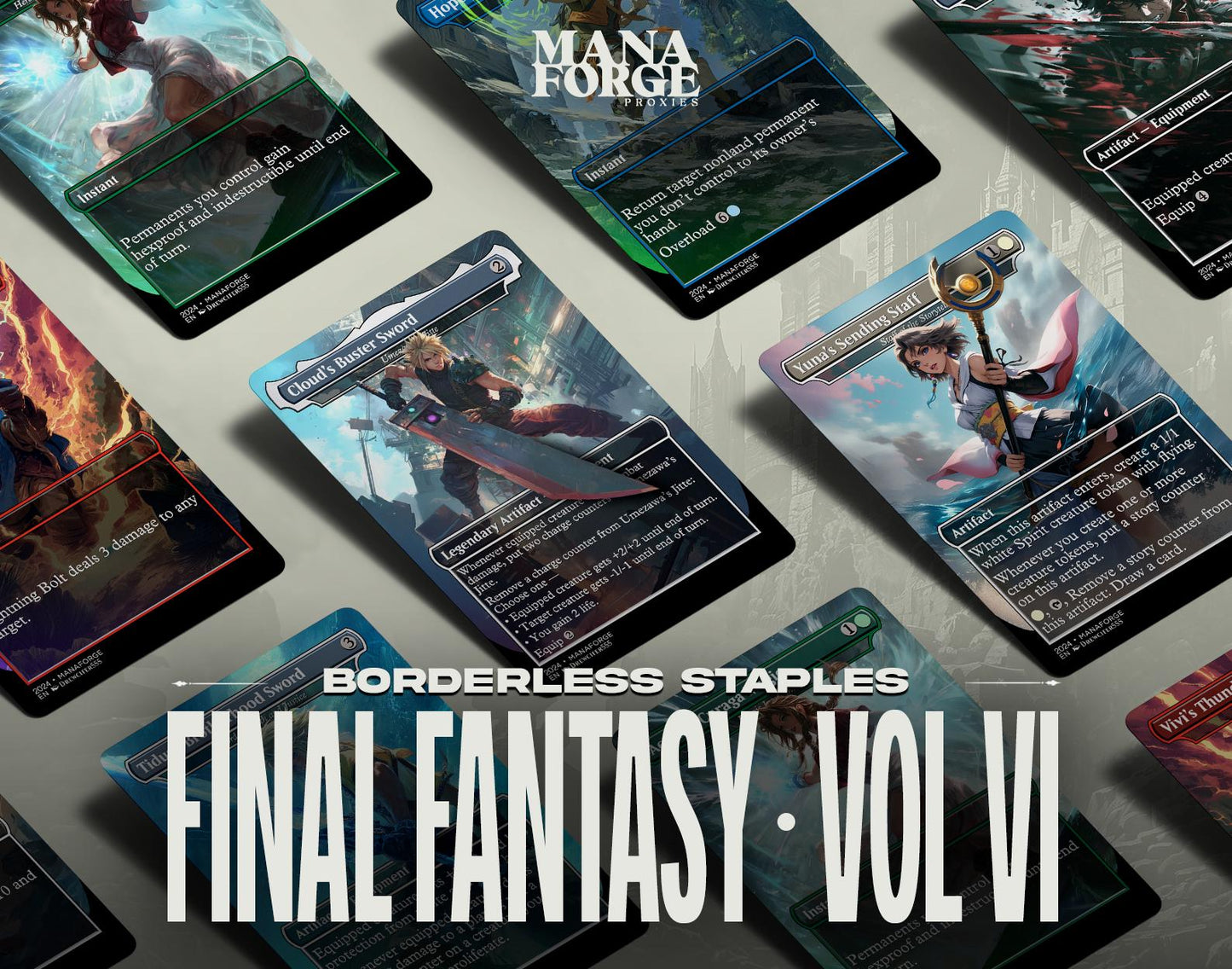 Final Fantasy Borderless Staples – Volume VI | Foil & Non-Foil Full-Art MTG Proxy Set – Aerith Curaga, Cloud’s Buster Sword, Brotherhood
