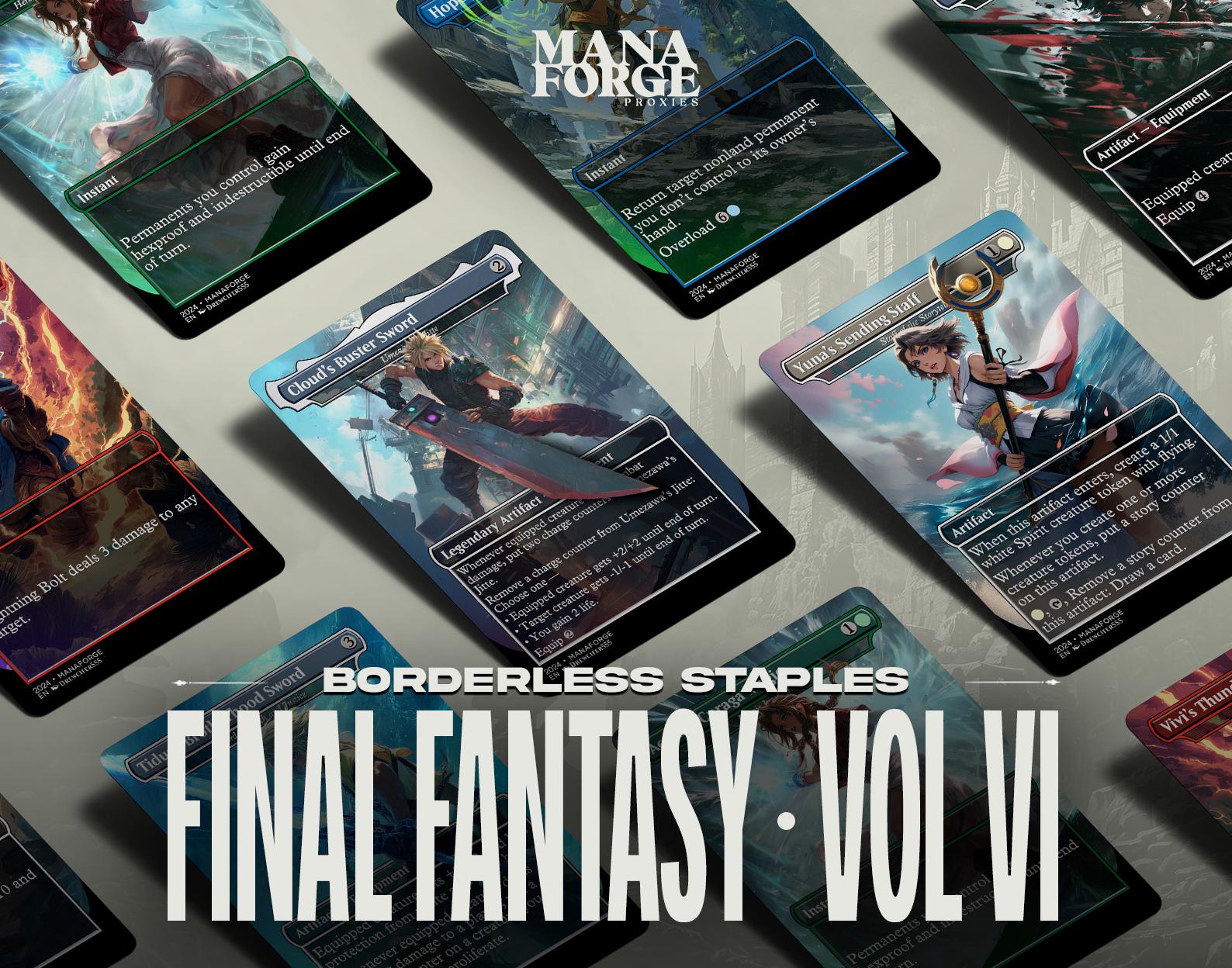 Final Fantasy Borderless Staples – Volume VI | Foil & Non-Foil Full-Art MTG Proxy Set – Aerith Curaga, Cloud’s Buster Sword, Brotherhood