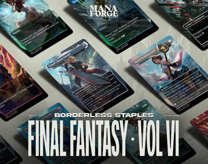 Final Fantasy Borderless Staples – Volume VI | Foil & Non-Foil Full-Art MTG Proxy Set – Aerith Curaga, Cloud’s Buster Sword, Brotherhood