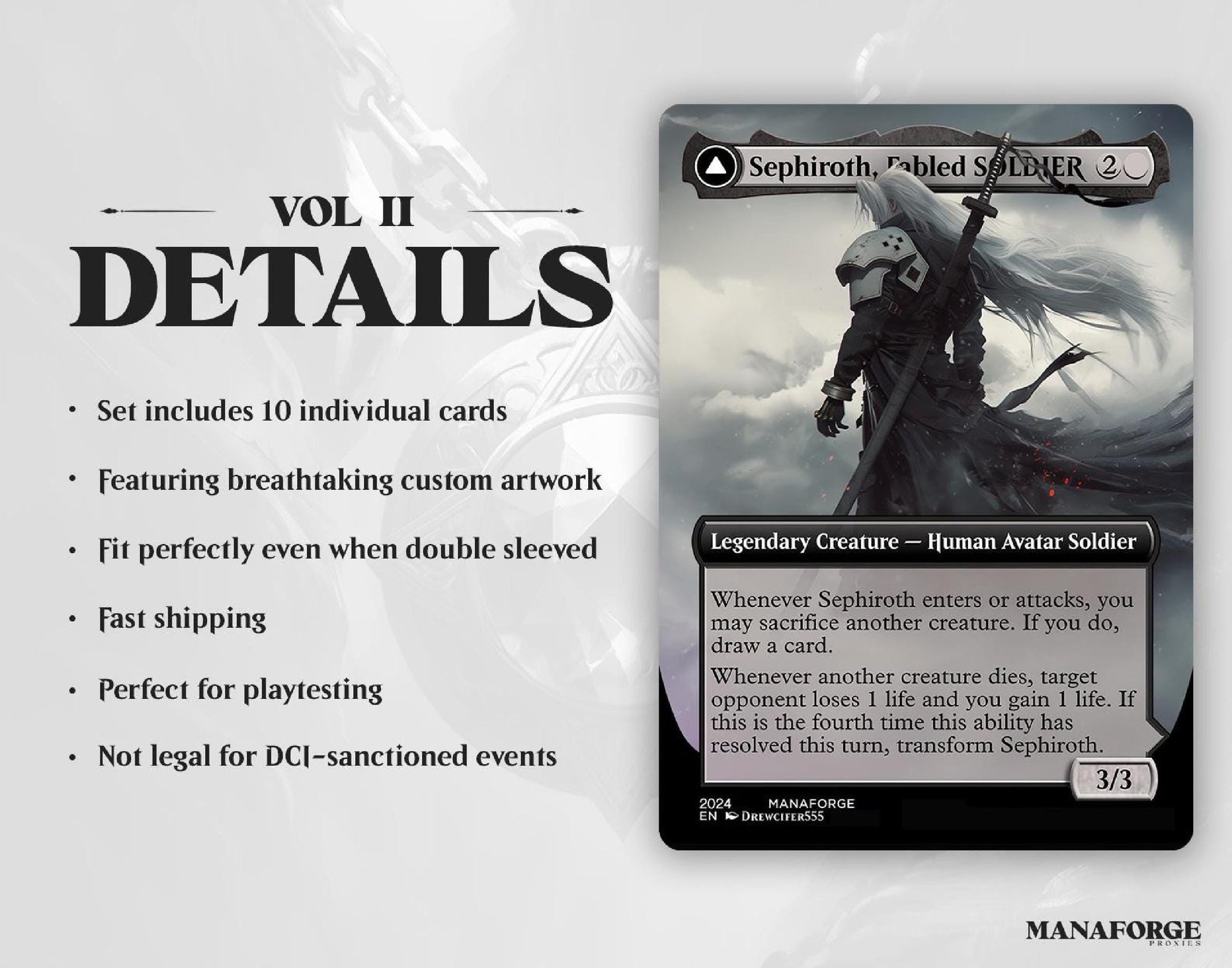 Final Fantasy Borderless Staples – Volume II | Foil & Non-Foil Full-Art MTG Proxy Set – Sephiroth, Yuna, and Ultima