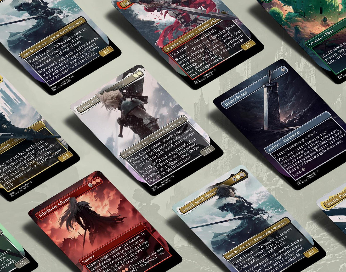 Final Fantasy Borderless Staples – Volume I | Full-Art MTG Proxy Set Foil & Non-Foil Cloud Tifa, Aerith, and Vivi