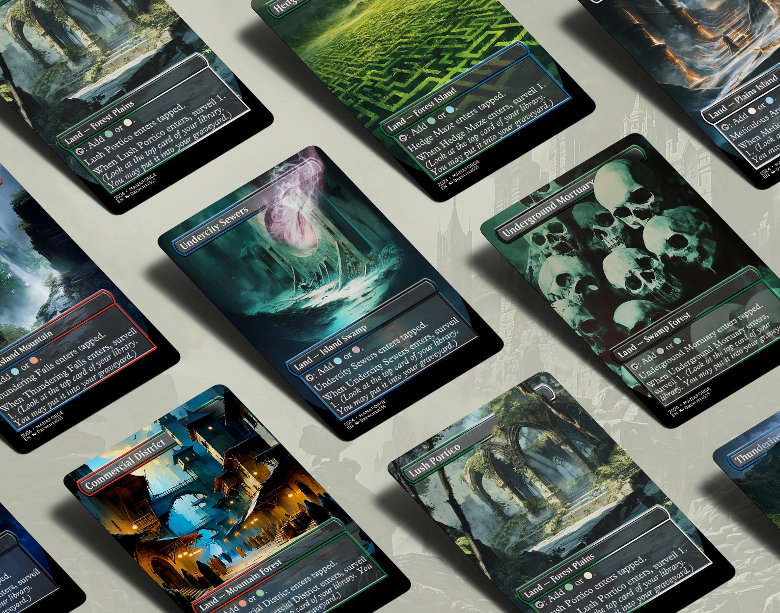 Borderless Surveil Lands – Volume I | 10-Card Full-Art MTG Proxy Bundle – Commander Duals for Surveil and Control