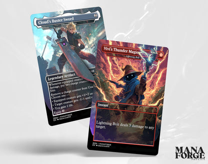 Final Fantasy Borderless Staples – Volume VI | Foil & Non-Foil Full-Art MTG Proxy Set – Aerith Curaga, Cloud’s Buster Sword, Brotherhood