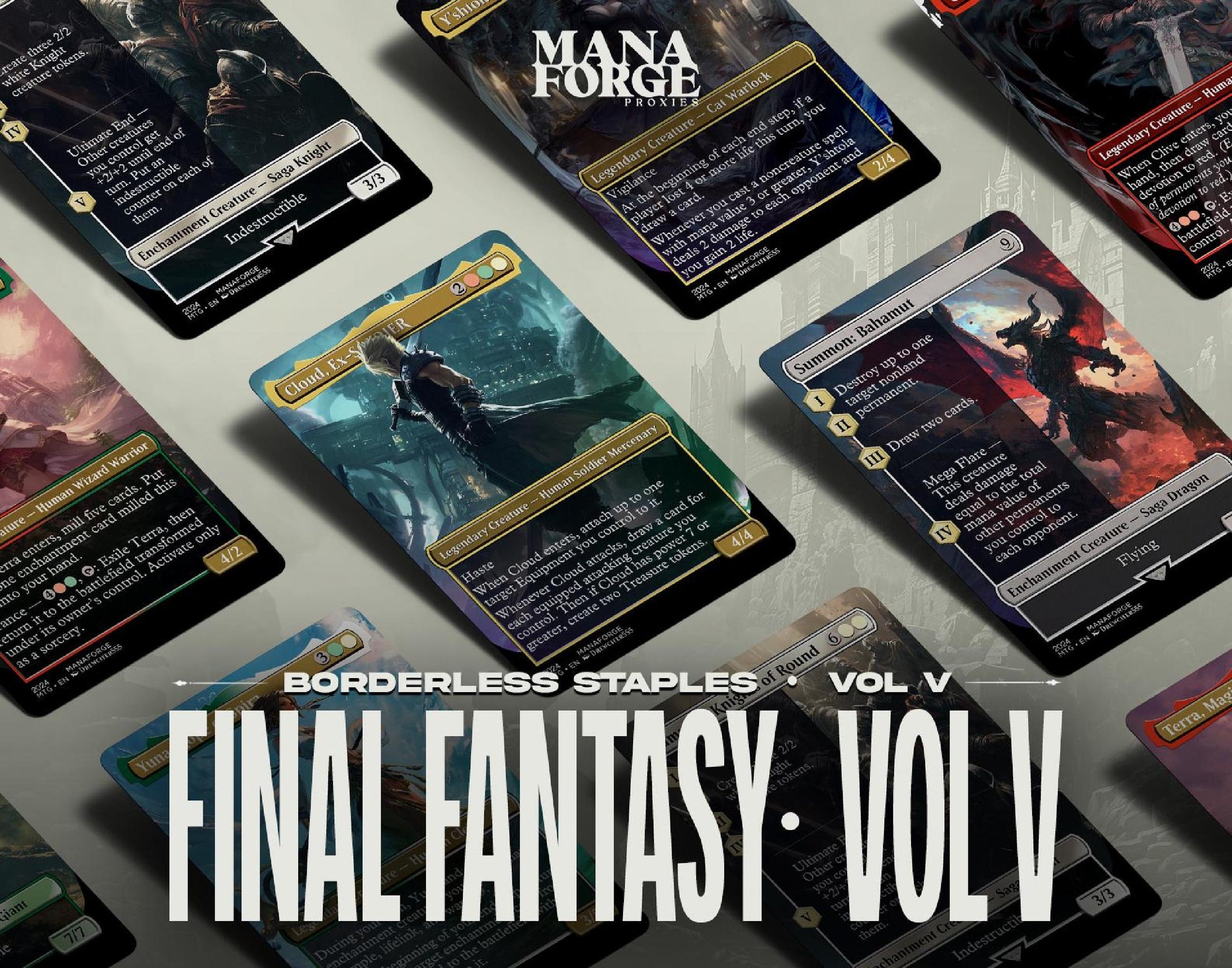 Final Fantasy Borderless Staples – Volume V | Foil & Non-Foil Full-Art MTG Proxy Set – Cloud, Bahamut, Knights of Round
