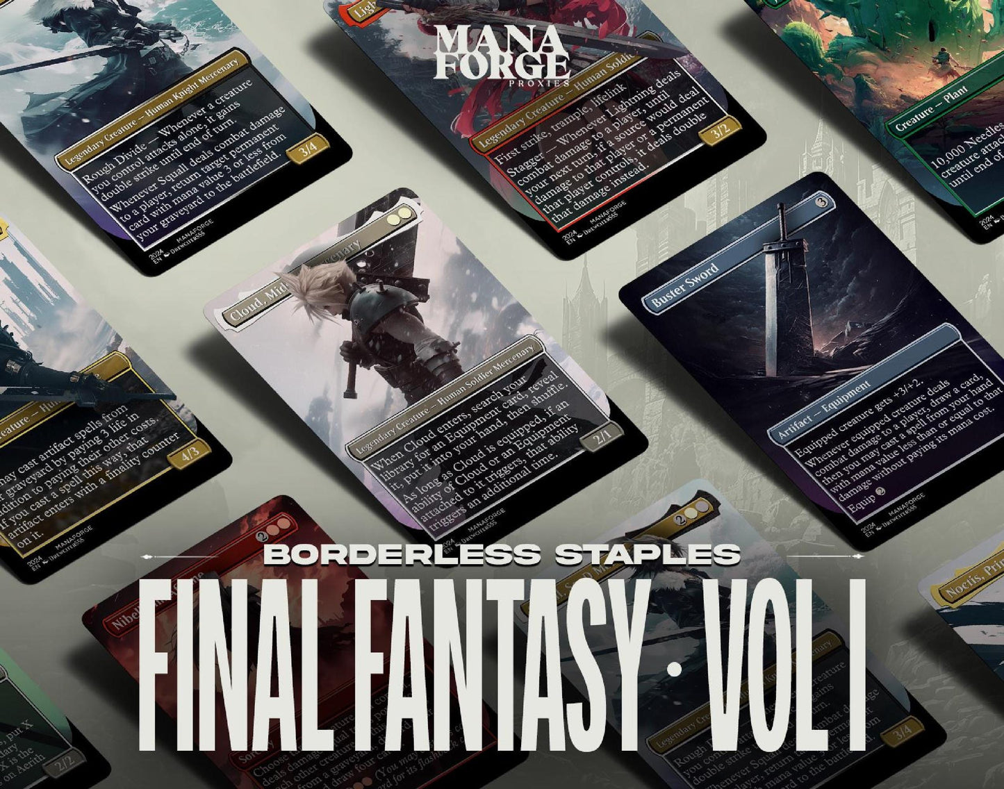 Final Fantasy Borderless Staples – Volume I | Full-Art MTG Proxy Set Foil & Non-Foil Cloud Tifa, Aerith, and Vivi